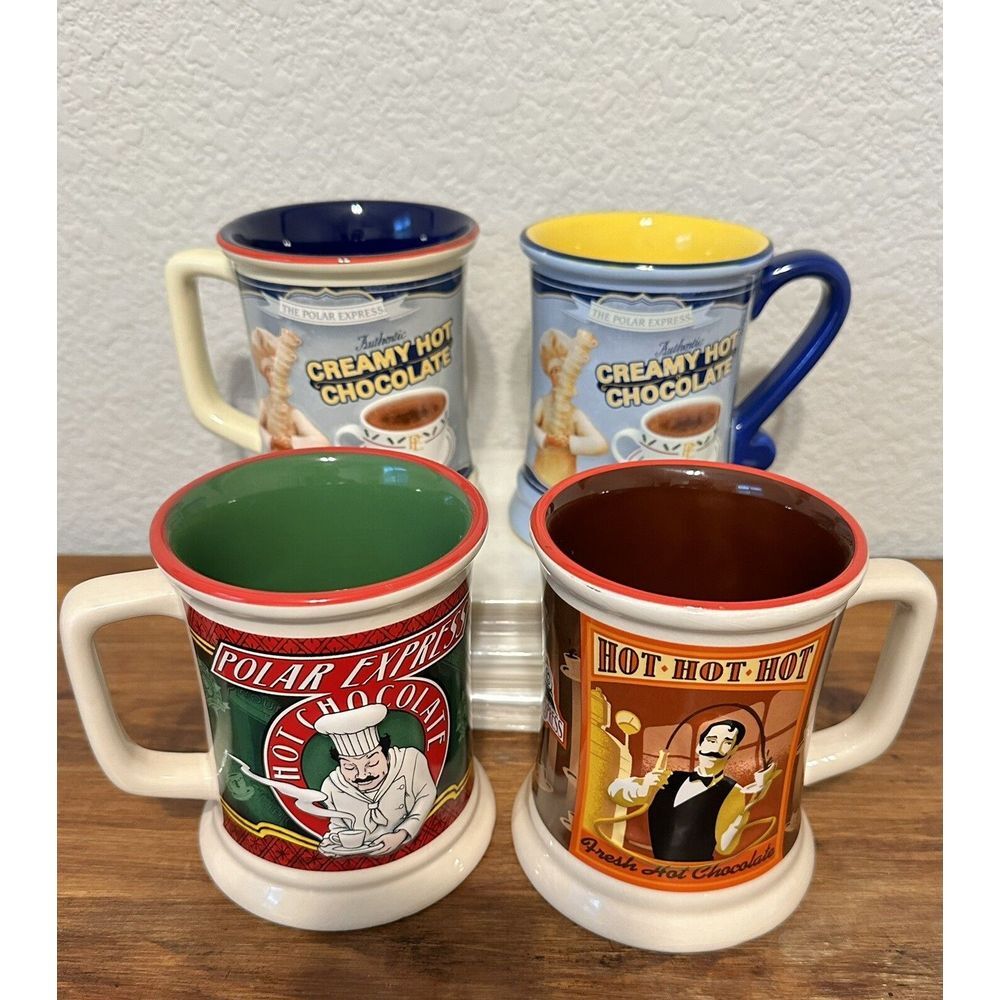 Set Of 4 Polar Express‎ Ceramic Warner Bros Embossed 3D Christmas Hot Coco Mugs